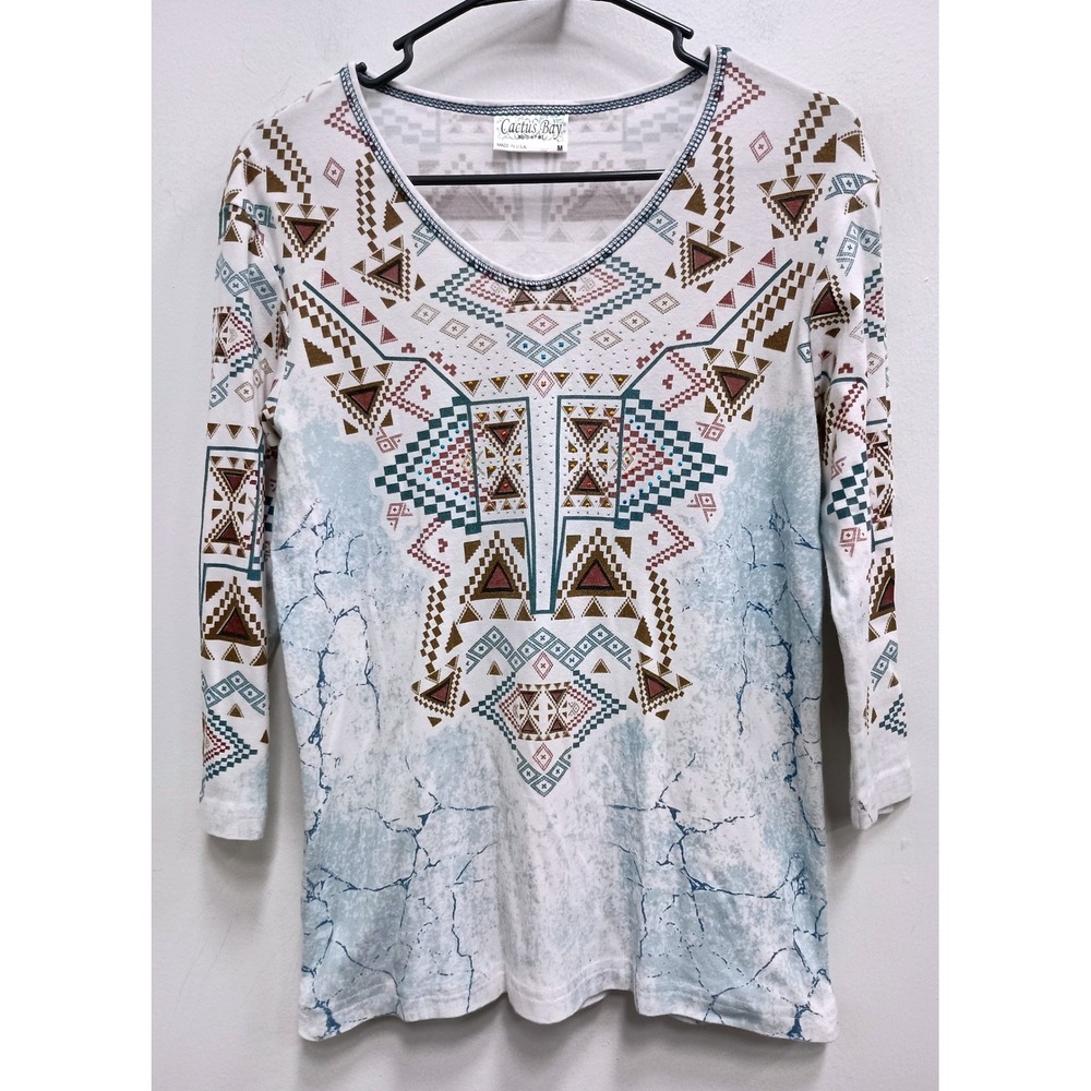 Cactus Bay Apparel Artsy Top Womens Medium Western Aztec Rhinestone 3/4 Sleeve